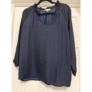 LOFT Navy Ruffled Collar Top Size Small Dressy Sophisticated Bohemian Inspired